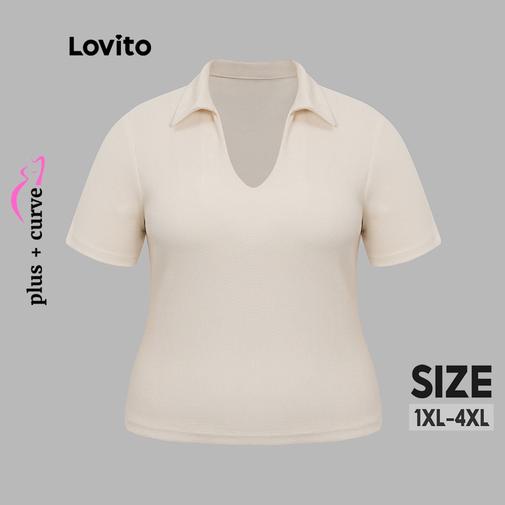 Áo thun waffle Lovito cổ polo màu trơn thường ngày tôn đường cong size lớn cho nữ LPS07004 (Màu kaki)
