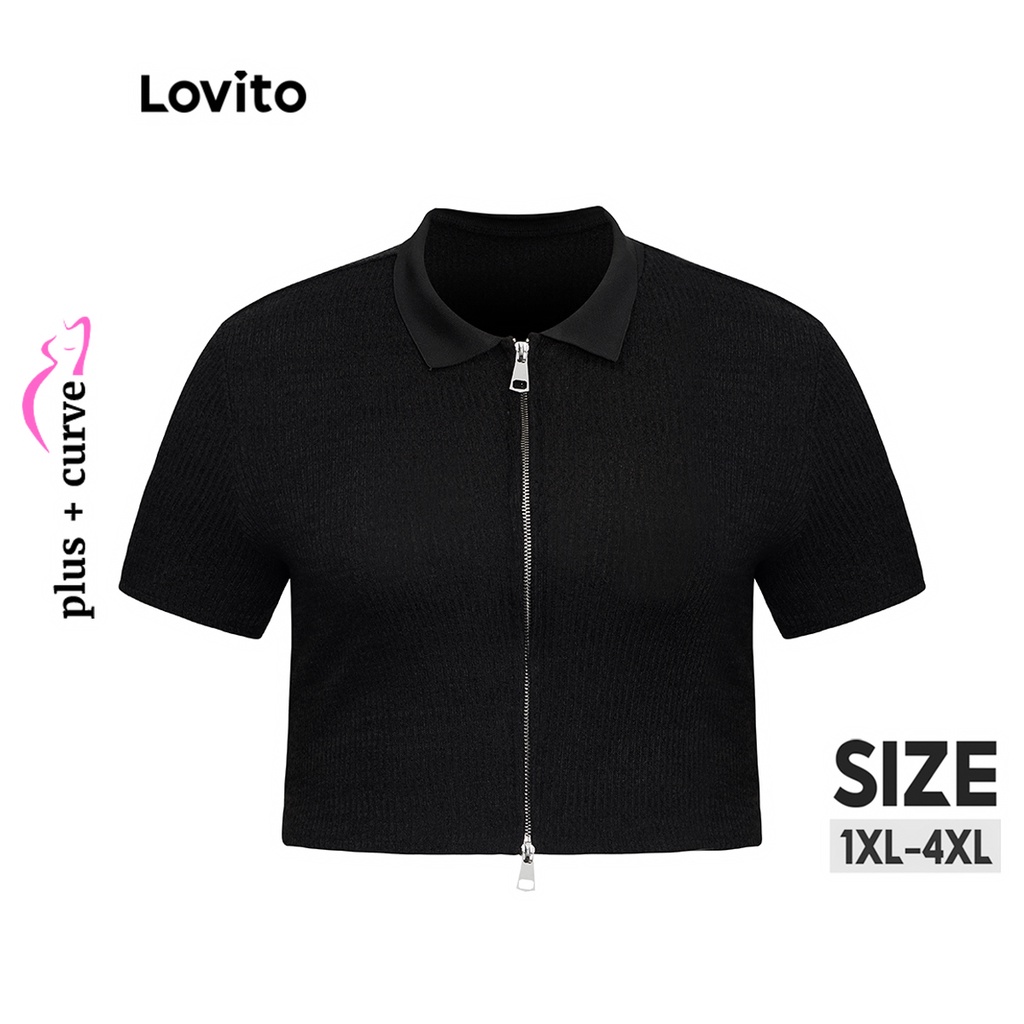 Áo dệt kim Lovito plus size cổ polo khóa kéo màu trơn phong cách thường ngày LPS06004 (màu đen) | BigBuy360 - bigbuy360.vn