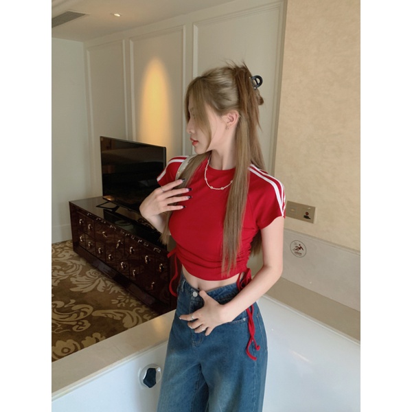 Áo croptop ZWQFP ngắn tay cổ tròn phối dây rút ôm dáng thời trang mùa hè dành cho nữ