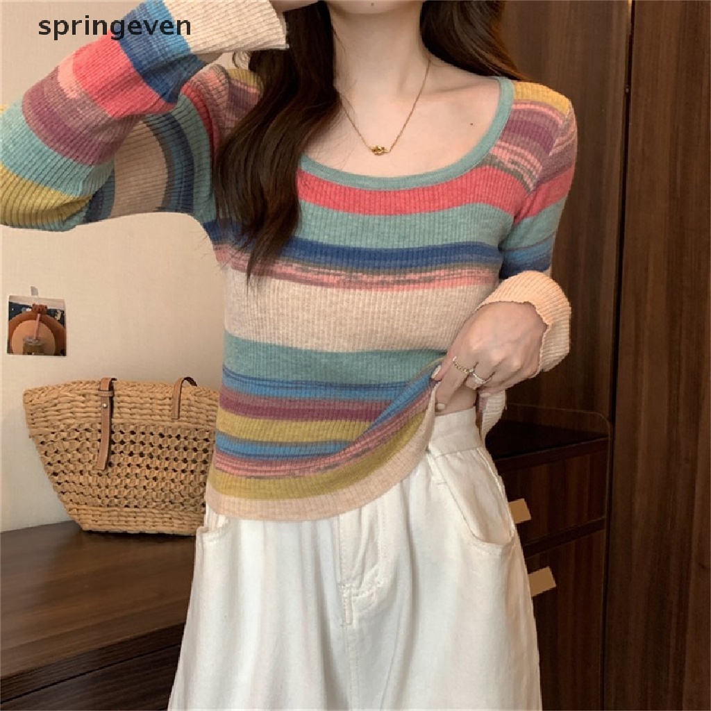 Áo Sweater Dệt Kim Tay Dài Cổ Vuông Họa Tiết Kẻ Sọc Nhiều Màu Sắc Thời Trang Cho Nữ