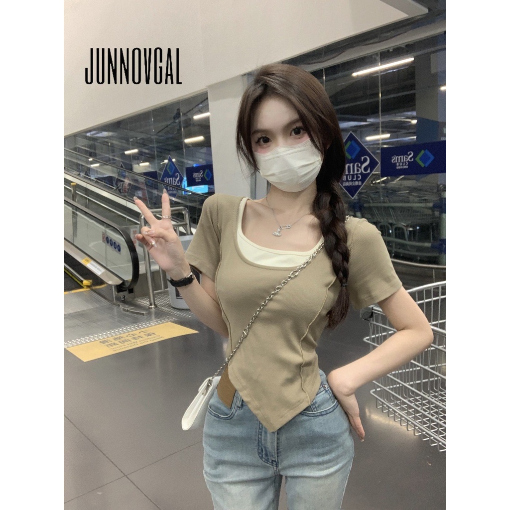 Áo Thun Tay Ngắn Cổ Vuông Dáng Ôm Phối Màu Tương Phản Thời Trang 2023 Cho Bạn Gái