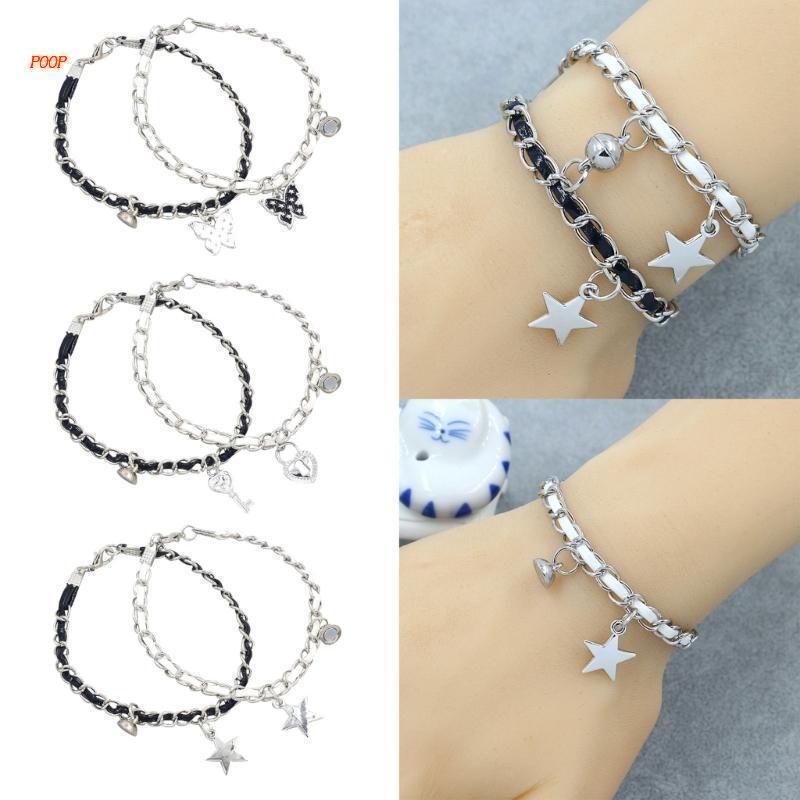 1 Cặp Vòng Tay Da PU Khóa Nam Châm Hình Bướm Ngôi Sao Năm Cánh Màu Bạc Thời Trang Cho Cặp Đôi