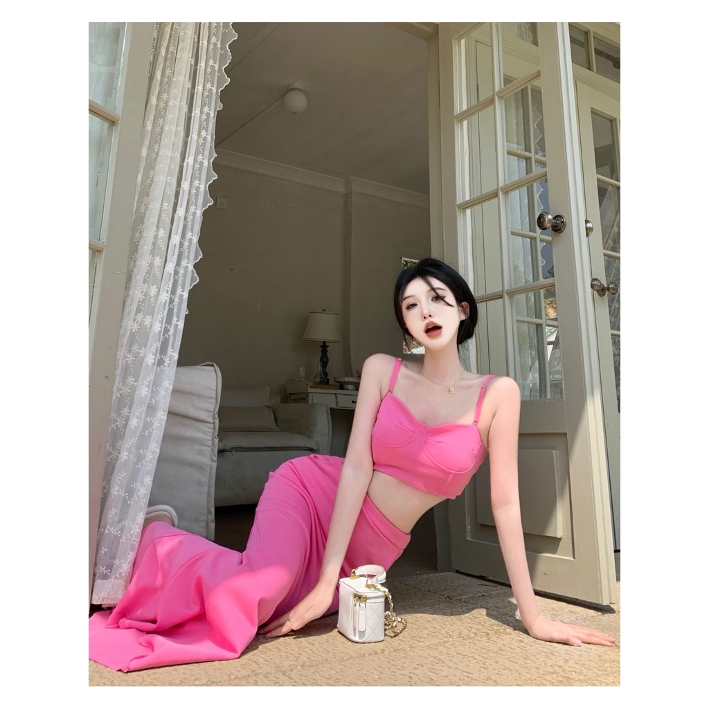 Bộ Áo Ống Màu Trơn + Chân Váy Đuôi Cá Lưng Cao Thời Trang Mùa Hè Quyến Rũ Cho Nữ