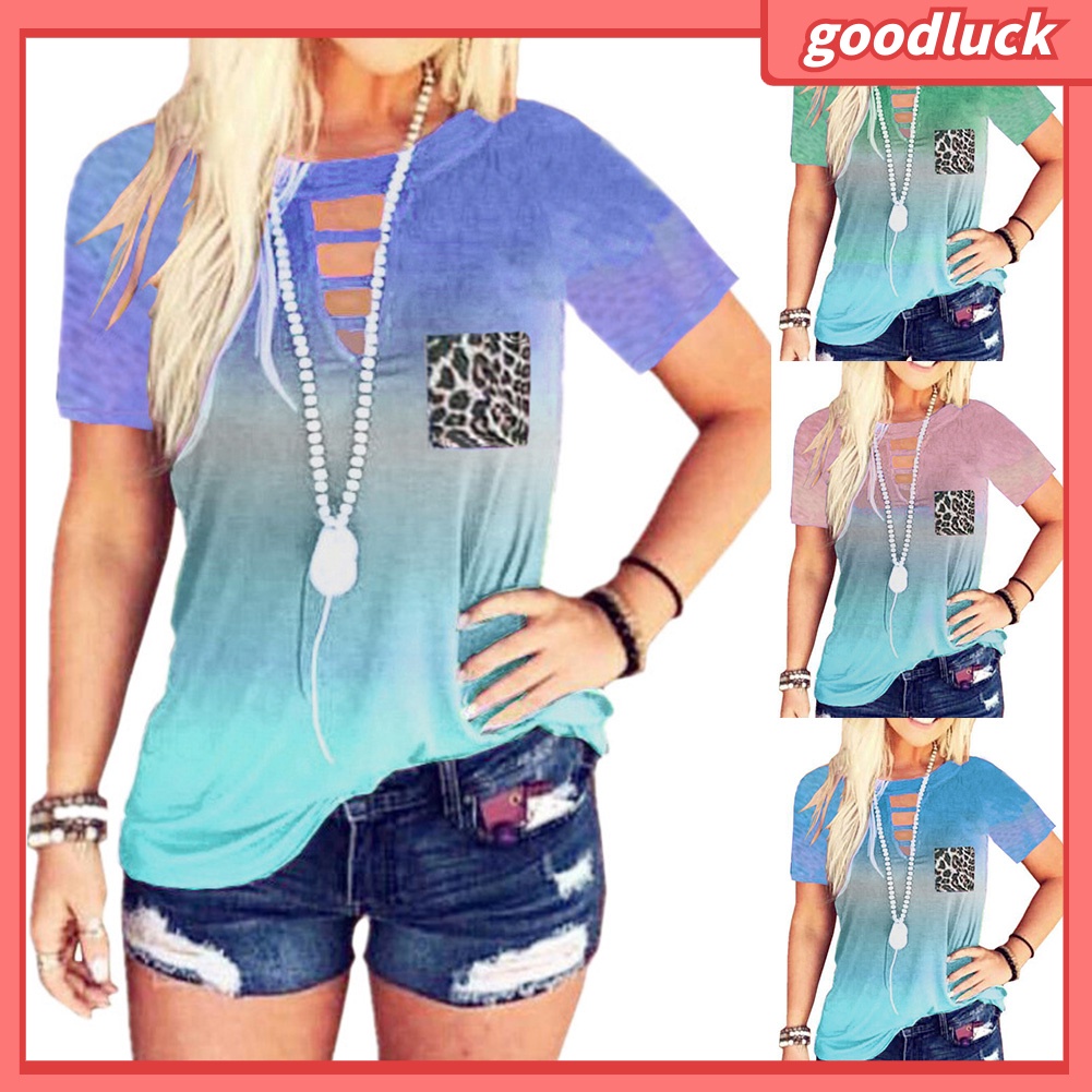 Áo Thun Ngắn Tay Cổ Tròn Màu Gradient Thời Trang Cho Nữ