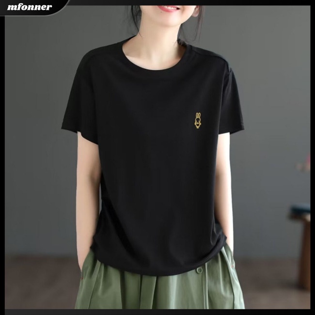 Áo Thun Tay Ngắn Cổ Tròn Thêu Hình Thỏ Dễ Thương Dành Cho Nữ