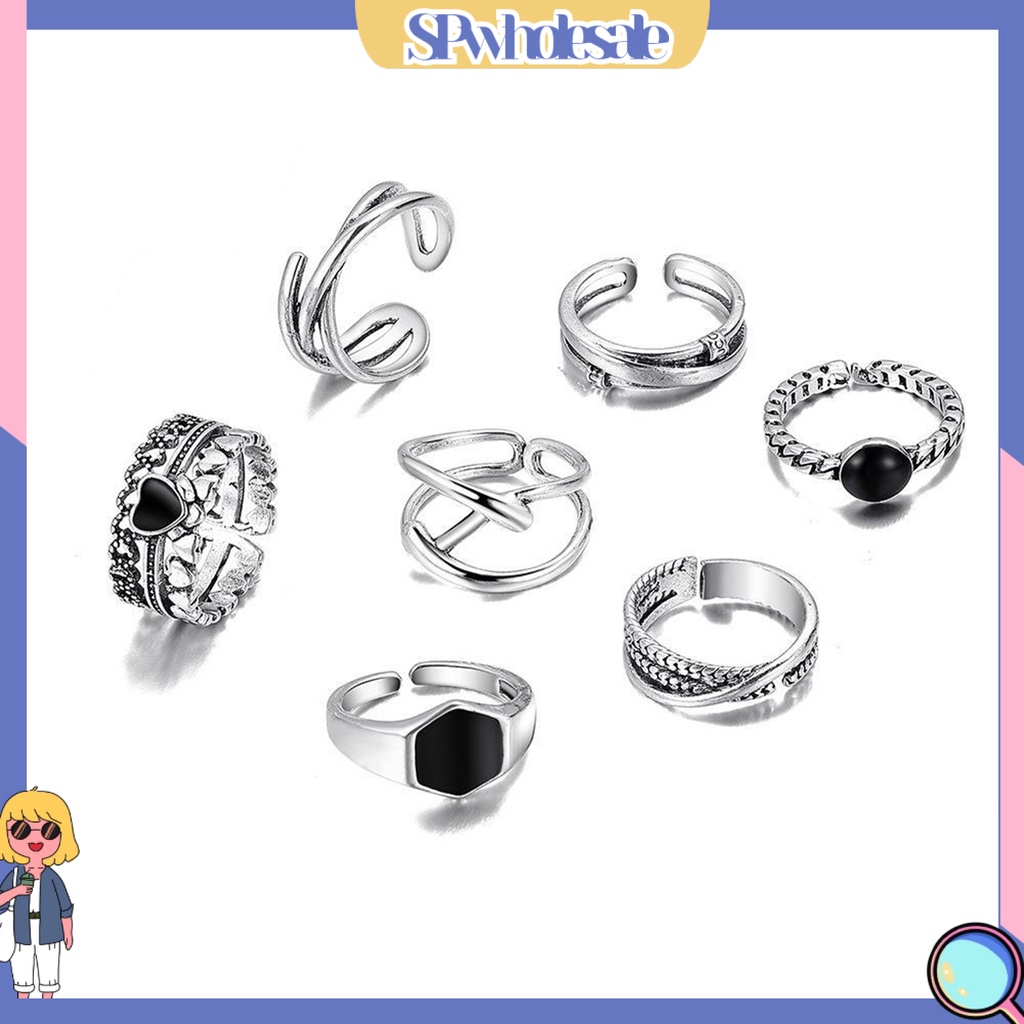 <SPwholesale> Bộ 7 Nhẫn Mạ Điện Đính Đá Hình Trái Tim Thời Trang Cho Nữ