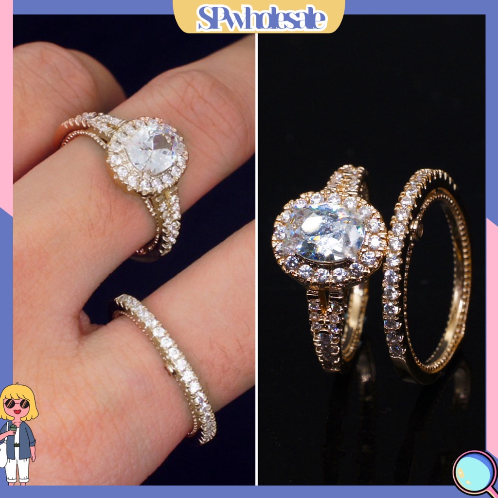 <SPwholesale> Set 2 Nhẫn Đính Hôn Đính Đá Nhân Tạo Nhiều Màu Sắc Lấp Lánh