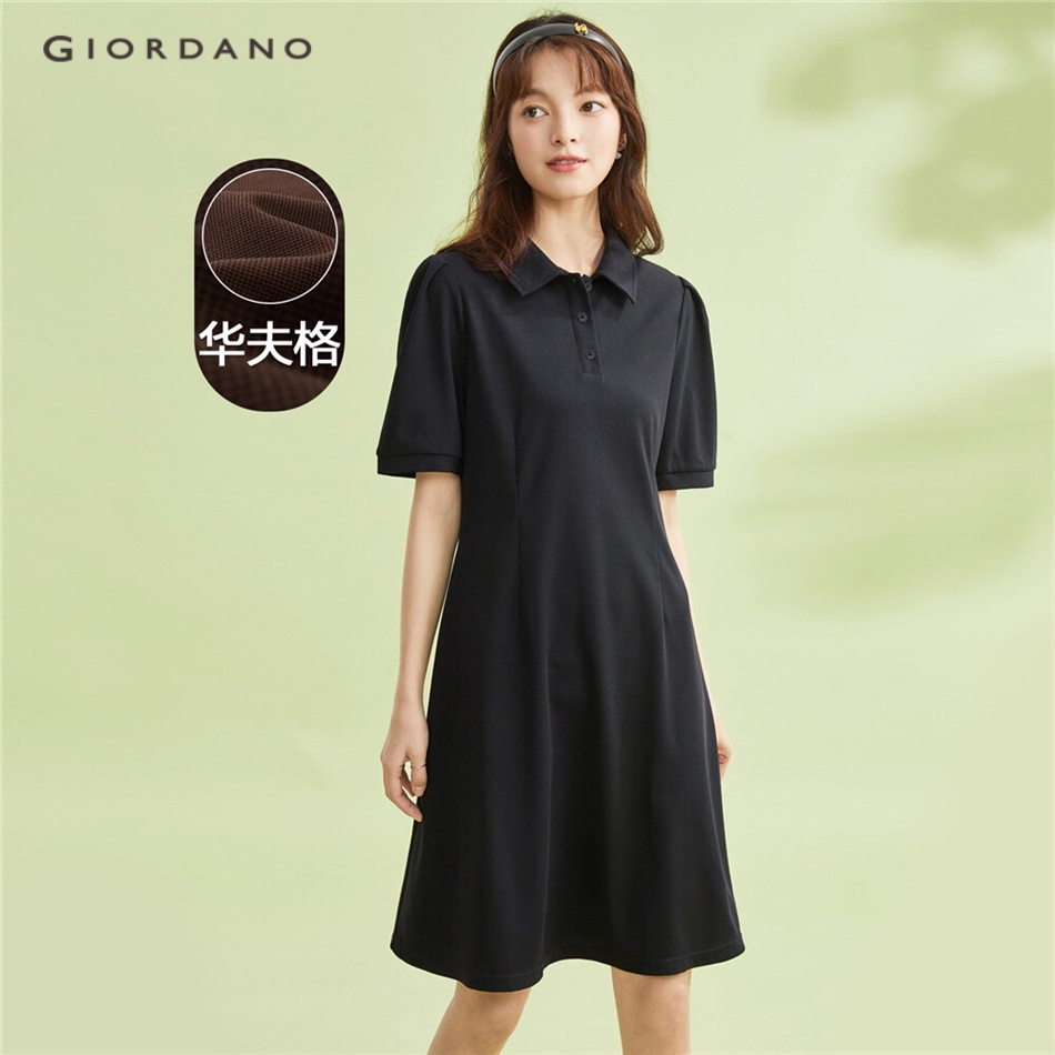 Đầm GIORDANO 18463712 dệt tổ ong polo tay phồng xếp nếp dành cho nữ
