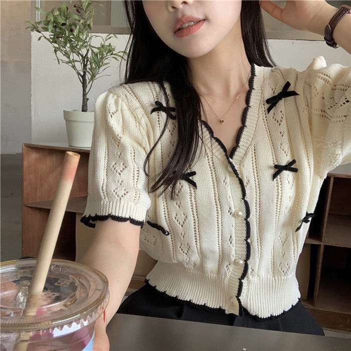 COZOK Áo Thun Dệt Kim Ngắn Tay Khoét Lỗ Đính Nơ Phong Cách retro Thời Trang