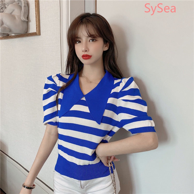 Áo Kiểu Tay Phồng Họa Tiết Kẻ Sọc Phong Cách Retro