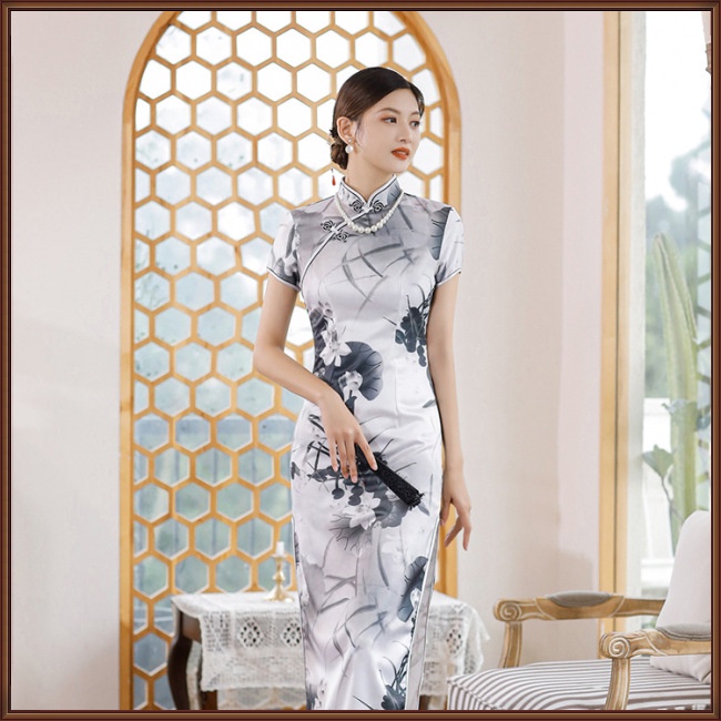 Đầm Sườn Xám Tay Ngắn Cổ Đứng Xẻ Tà Chất Liệu Satin Phong Cách Trung Hoa Thời Trang Mùa Hè Cho Nữ