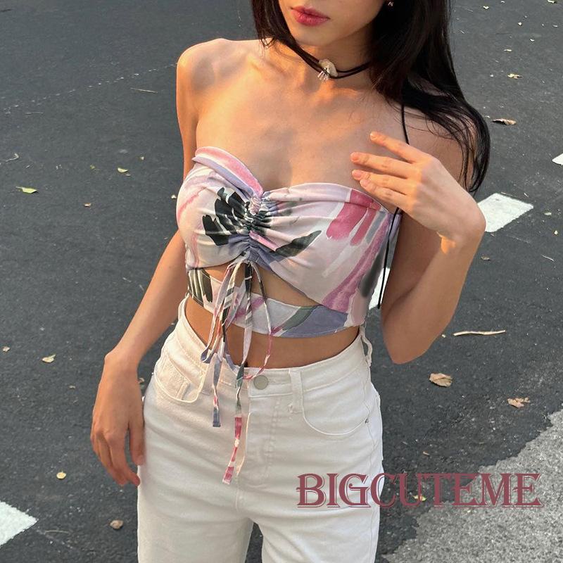 Áo Croptop Sát Nách Dây Rút Hở Lưng In Họa Tiết Thời Trang Mùa Hè Cho Nữ