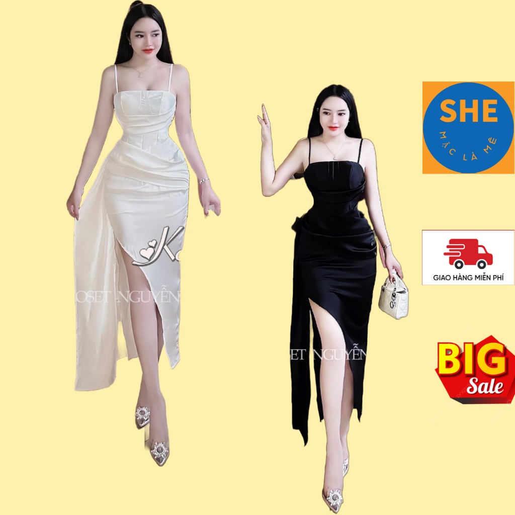 Đầm đi tiệc body 2 dây dáng dài chân váy xẻ tà kèm dải lụa thướt tha duyên dáng ( SHE )