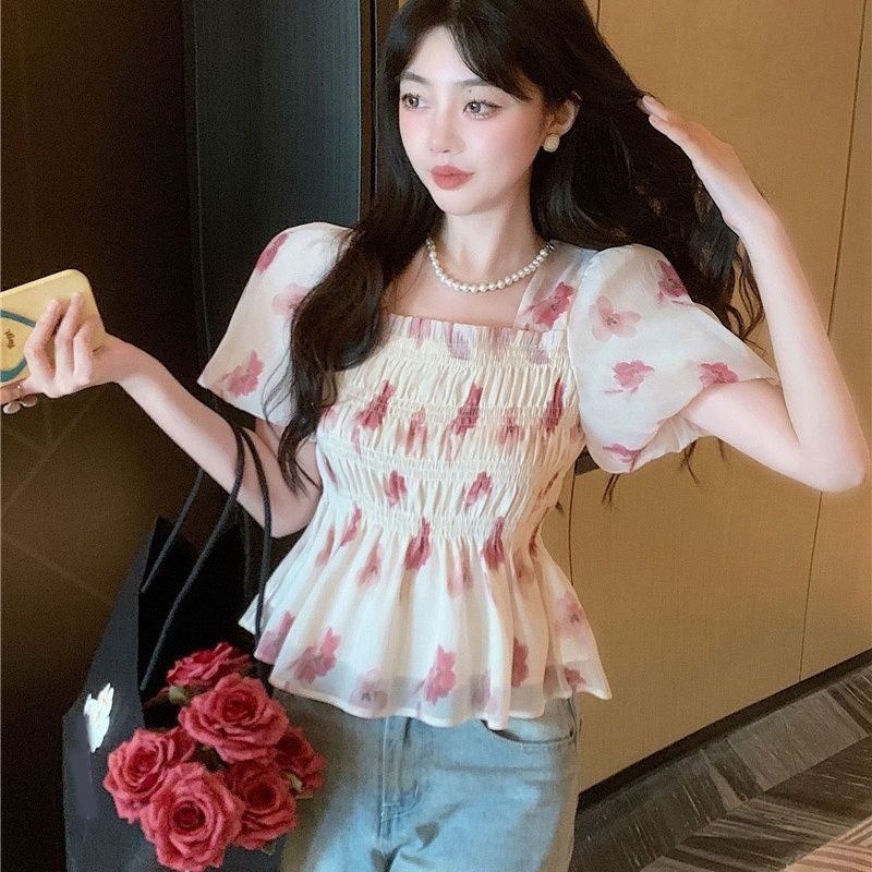 Áo Kiểu Chiffon Cổ Vuông Tay Phồng Họa Tiết Hoa Thời Trang Mùa Hè Quyến Rũ Cho Nữ
