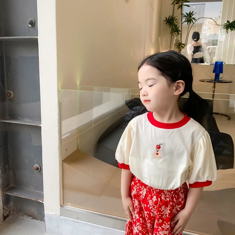Áo Thun Tay Ngắn Họa Tiết Chấm Bi Phối Màu Tương Phản Thời Trang Hàn Quốc Cho Bé Gái