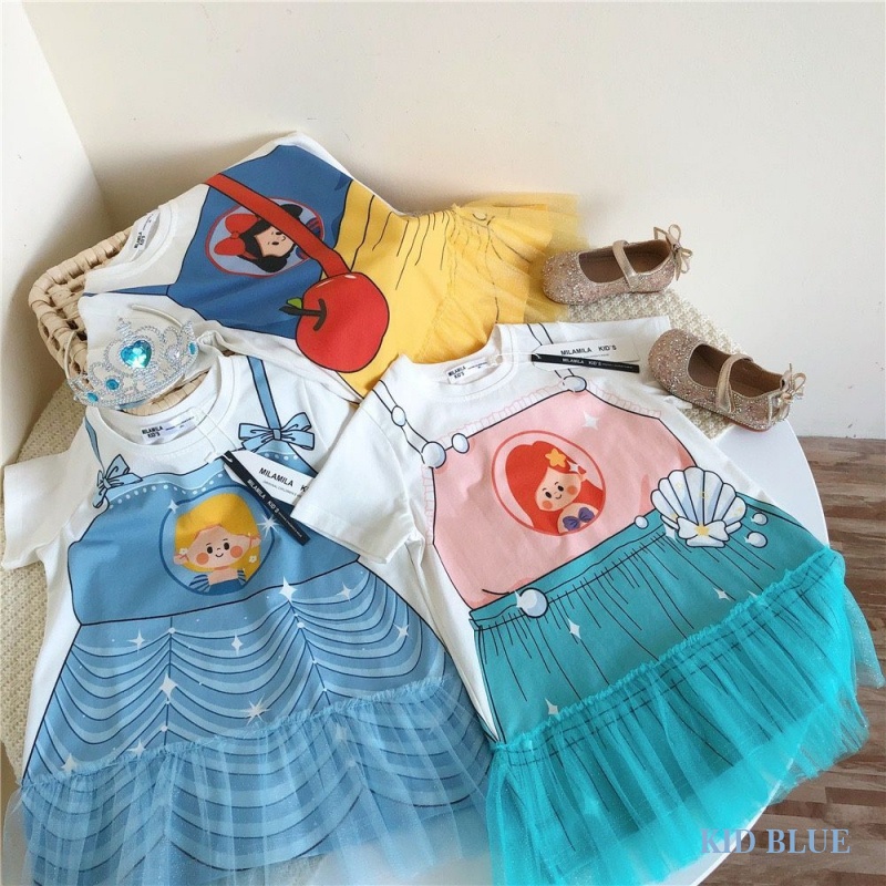 Đầm Thun Tay Ngắn Giả Hai Mảnh Họa Tiết Hoạt Hình Thời Trang Mùa Hè Cho Bé Gái