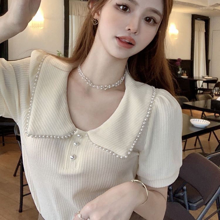 Áo Thun Tay Ngắn Cổ Búp Bê Đính Hạt Phong Cách Phương Tây Dành Cho Nữ