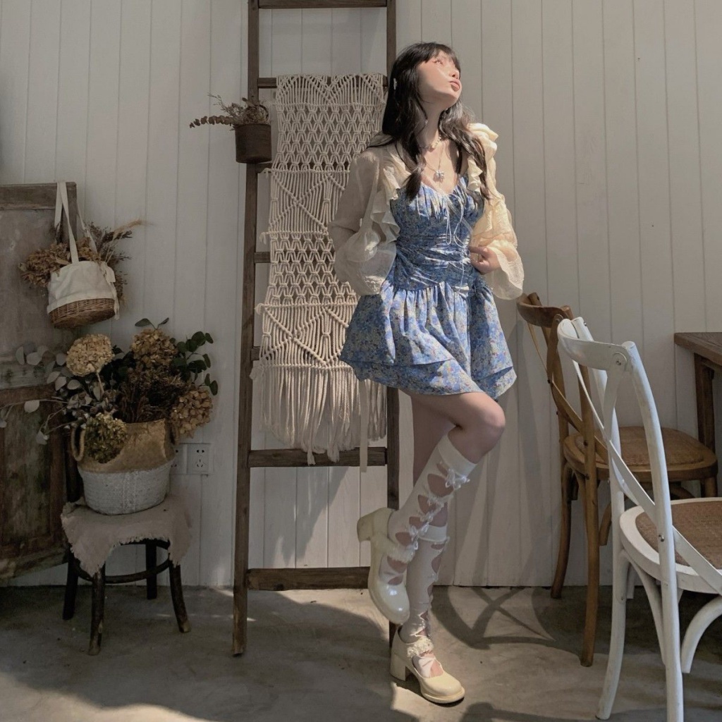 Đầm Hai Dây Mùa Hè 2022 Dáng Ôm In Họa Tiết Hoa Xếp Ly Cổ Điển Phong Cách Pháp Cho Nữ