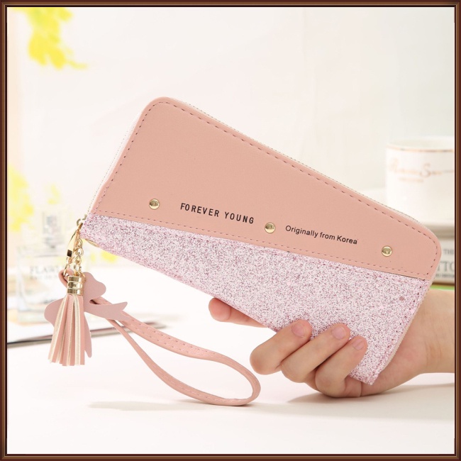 Ví Da Pu Dáng Dài Nhiều Ngăn Đựng Thẻ Phối Khóa Kéo Màu Tương Phản Thời Trang Cho Nữ