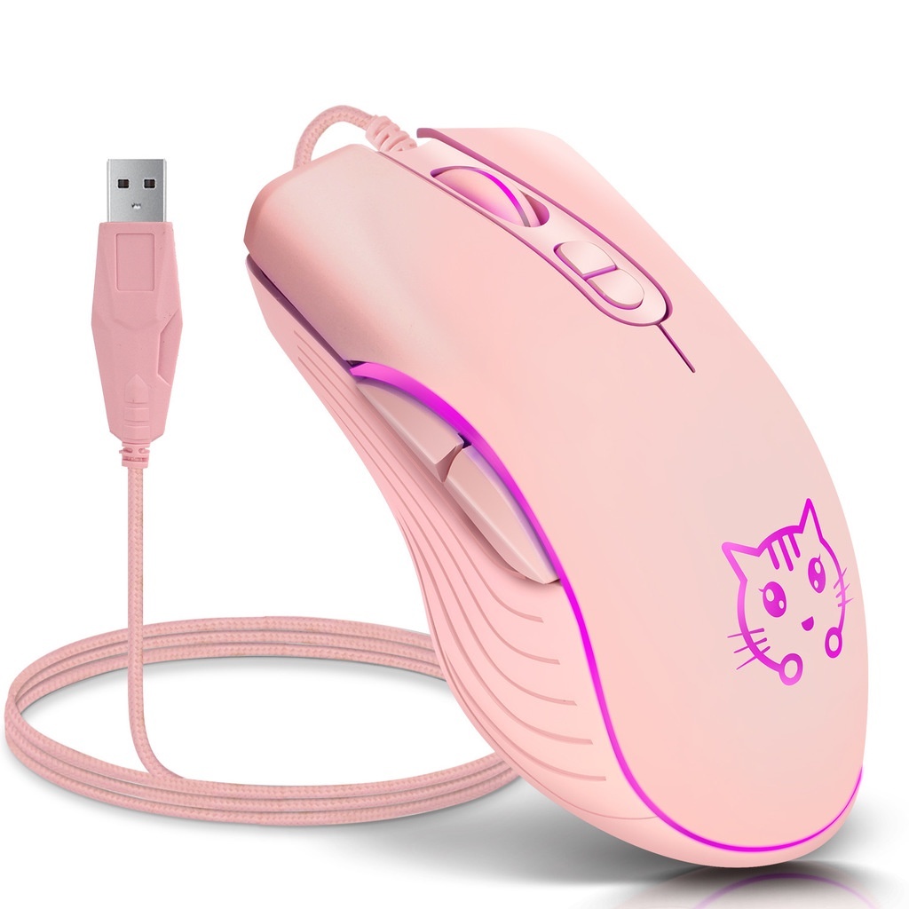 Chuột Chơi Game Có Dây 800-1200 - 1600-2400 RGB Hình Mèo Hồng Dễ Thương