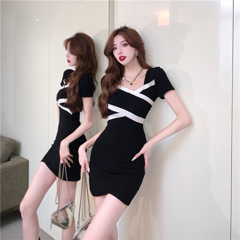 Đầm Đen Tay Ngắn Dáng Ôm Thời Trang Mùa Hè Cho Nữ Đen chặt chẽ váy đám cưới bên đi đến quán bar cho sự kiện hka091