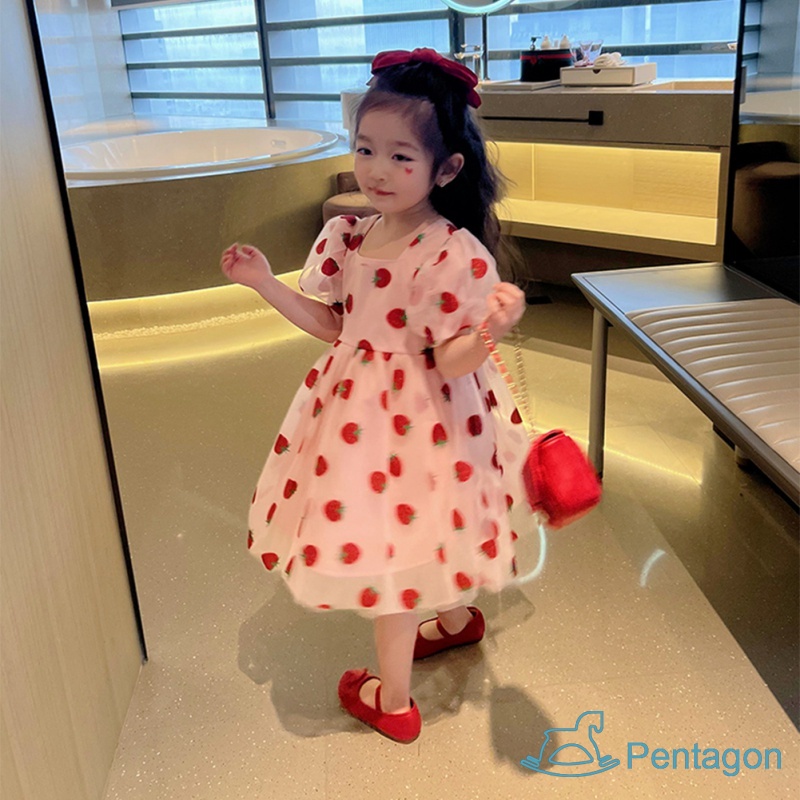 Đầm Công Chúa Mùa Hè In Họa Tiết Dâu Tây Dễ Thương Phong Cách Hàn Quốc Cho Bé Gái