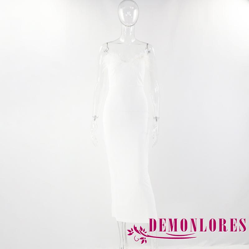 Đầm Midi Ống Ôm Dáng Màu Trơn Hở Lưng Phối Lông Vũ Y2K Cho Nữ