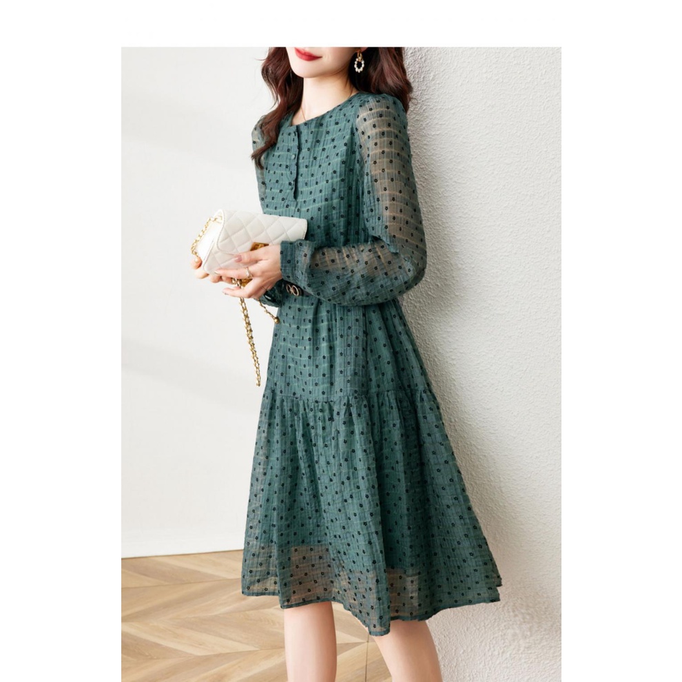 Đầm váy xanh voan hoa nhí hè thu đi chơi đi làm du lịch thời trang nữ quảng châu cao cấp phối belt bán chạy Xiny D178230