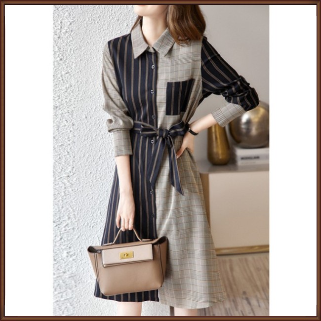 Đầm Chữ A Tay Dài Màu Sắc Tương Phản Phong Cách Pháp Thời Trang Cho Nữ