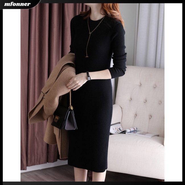 Đầm Dệt Kim Tay Dài Cổ Tròn Màu Trơn Thời Trang Dành Cho Nữ