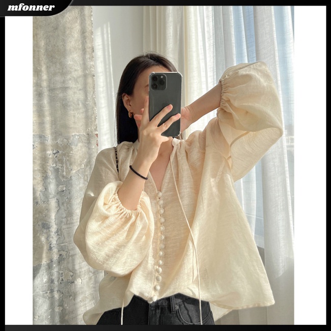 Áo Sơ Mi Nữ Tay Dài Cổ Chữ V Màu Sắc Thanh Lịch