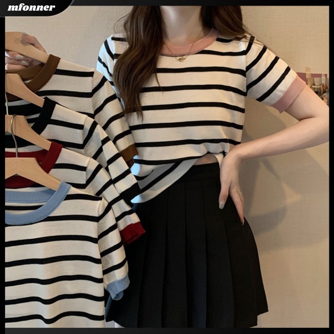 Áo Thun Tay Ngắn Cổ Tròn Họa Tiết Kẻ Sọc Nhiều Màu Sắc Thời Trang Mùa Hè Cho Nữ