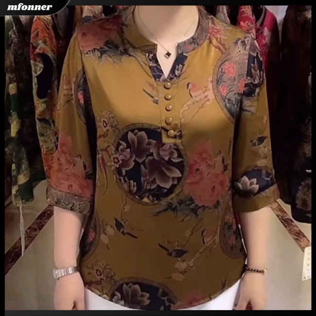 Áo Sơ Mi Tay Lỡ 3 / 4 Cổ Chữ V Họa Tiết Hoa Phong Cách Retro Cho Nữ