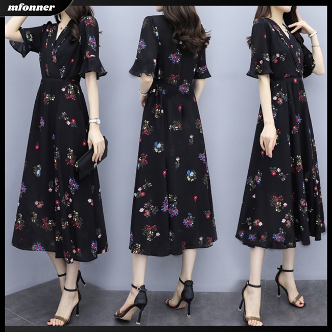 Đầm Chiffon Dài Đến Đầu Gối Tay Ngắn in Họa Tiết Hoa Thời Trang Mùa Hè Xinh Xắn Cho Nữ