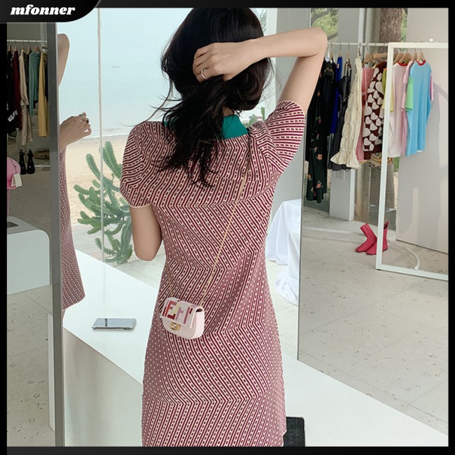 Đầm Dệt Kim Tay Ngắn Dáng Chữ A Màu Sắc Tương Phản Phong Cách Cổ Điển Thời Trang Cho Nữ