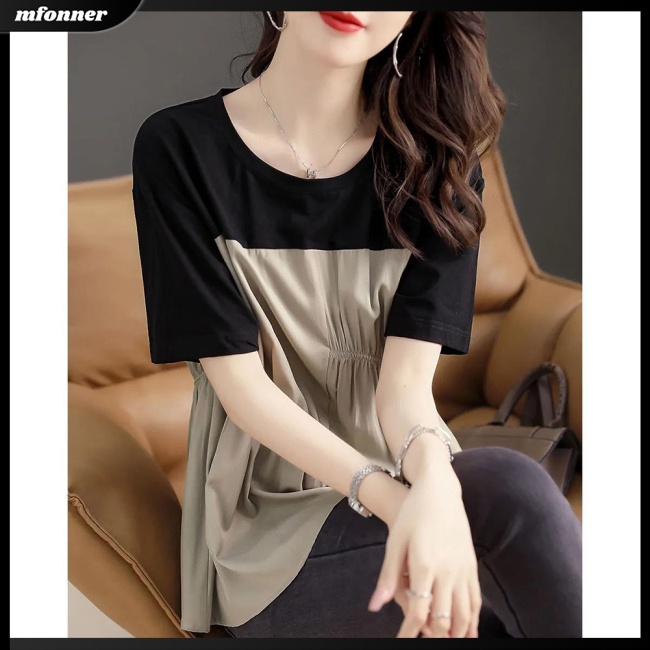 Áo Thun Tay Ngắn Cổ Tròn Dáng Rộng Màu Sắc Tương Phản Phong Cách Retro Dành Cho Nữ