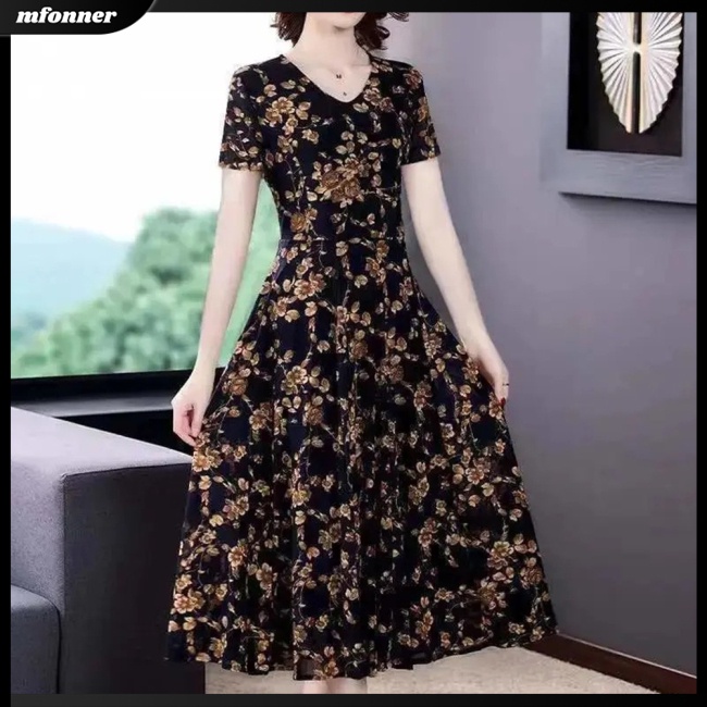 Đầm Midi Ngắn Tay Cổ Chữ V In Hoa Thời Trang Xuân Hè Cho Nữ
