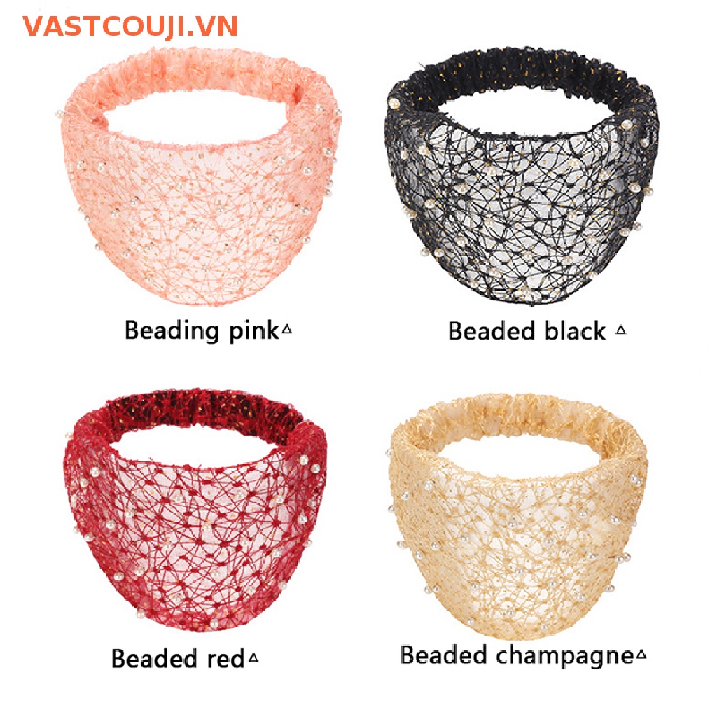 Băng Đô Cài Tóc Bản Rộng Phối Lưới Thoáng Khí Đính Ngọc Trai Giả