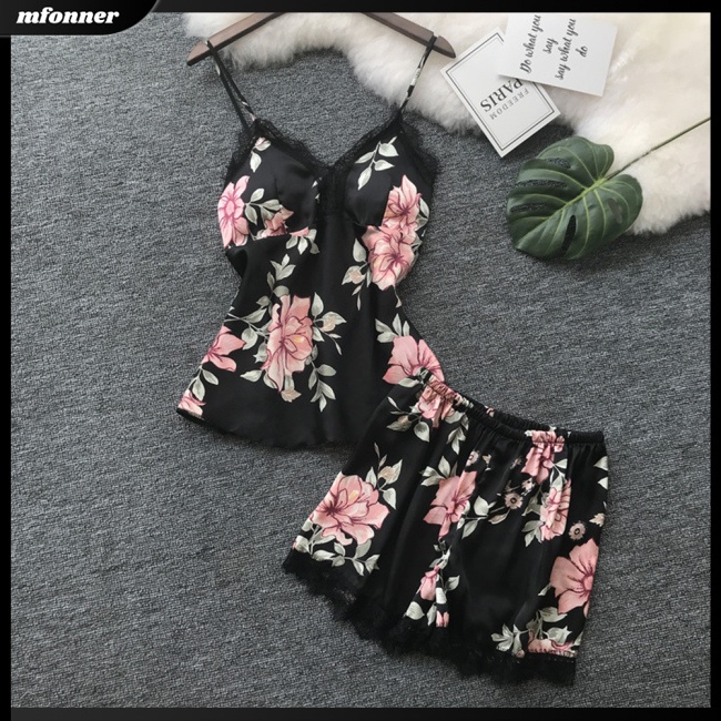 Bộ Đồ Ngủ 2 Món Áo + Quần Short Vải Lụa Satin Viền Ren Mềm Mại Thoải Mái