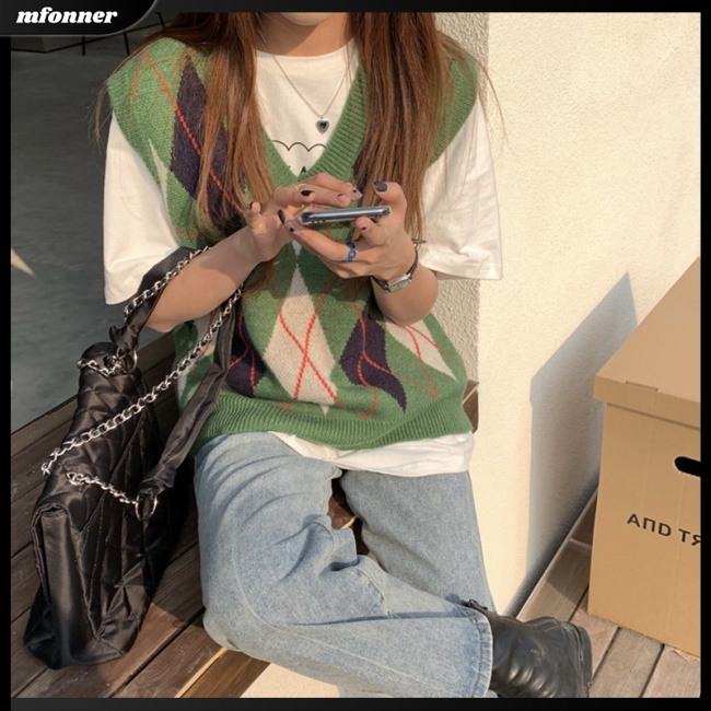 Áo Sweater Dệt Kim Sát Nách Dáng Rộng Cổ Chữ V In Họa Tiết Hình Thoi Cá Tính Cho