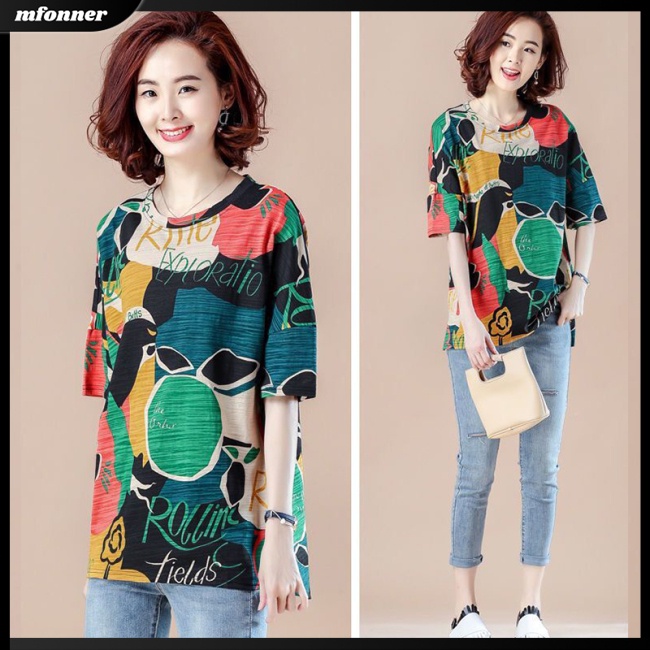 Áo Thun Tay Ngắn Dáng Rộng Cổ Tròn In Họa Tiết Thời Trang Cho Nữ