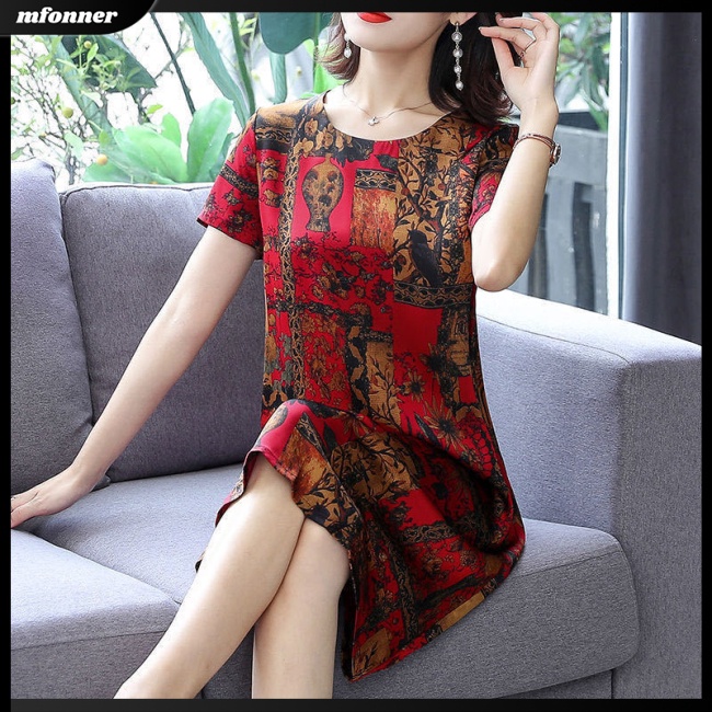 Đầm Midi Giả Lụa Lạnh Tay Ngắn Cổ Tròn Dáng Rộng Thời Trang Cho Nữ