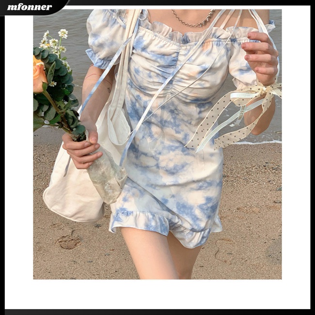 Đầm Cổ Thuyền Tay Phồng In Họa Tiết Hoa Nhuộm Màu Xinh Xắn Thời Trang Cho Nữ