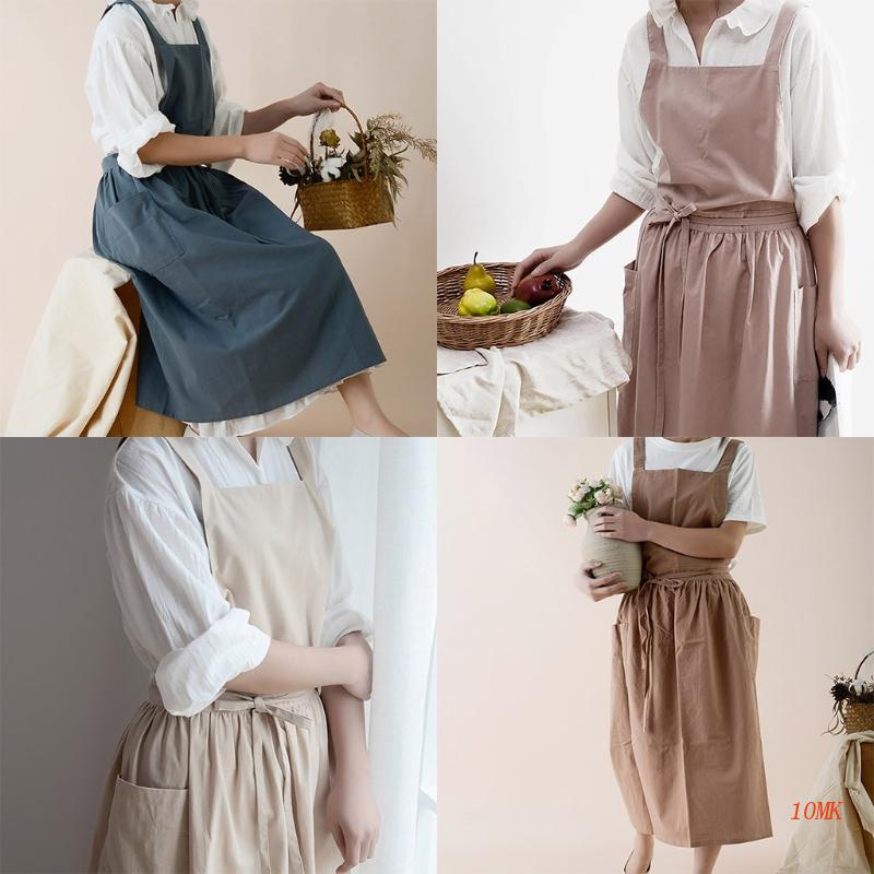 Tạp Dề Cotton Lanh Đan Chéo Sau Lưng Phong Cách Nhật Bản Cho Nữ