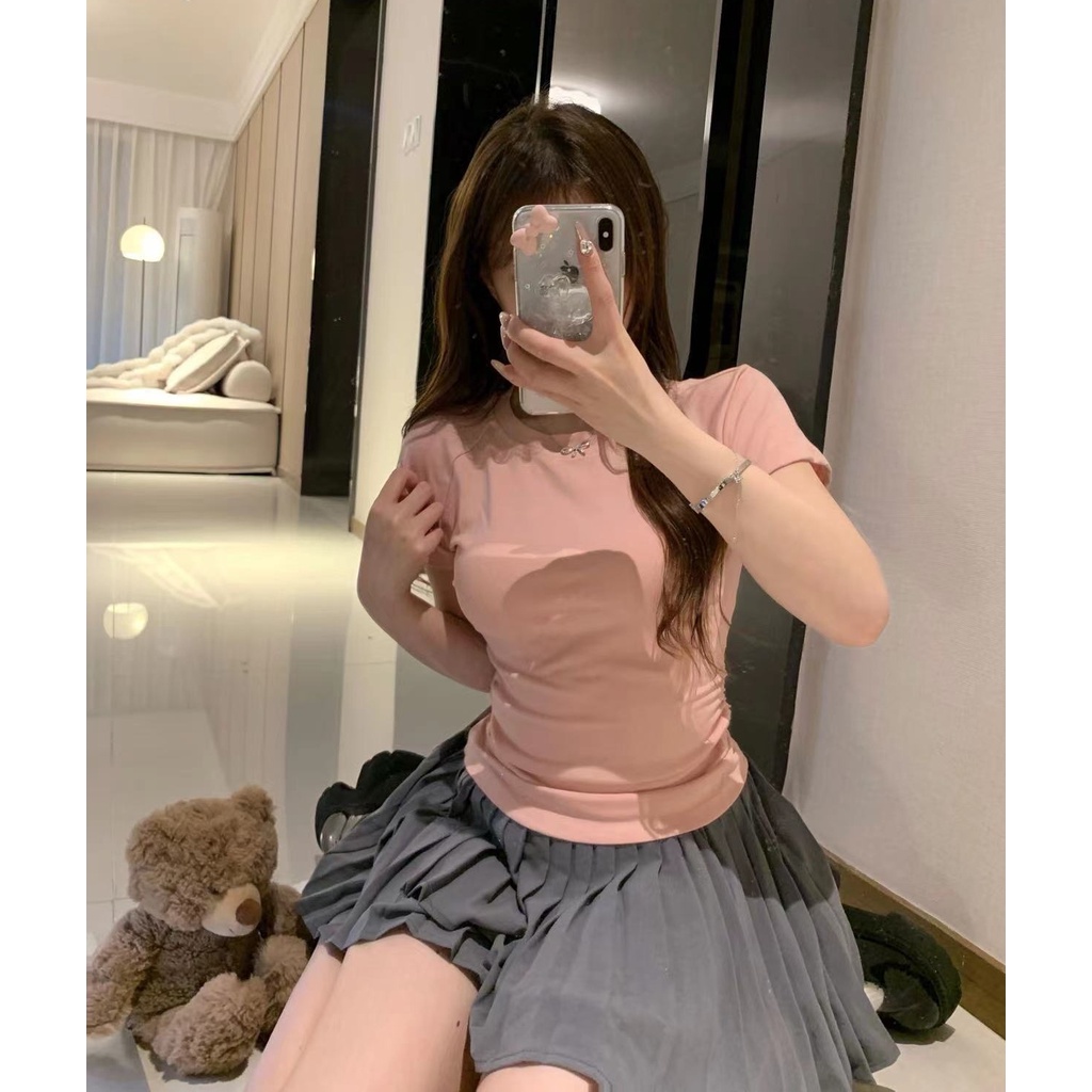 Áo Thun Tay Ngắn Dáng Ôm Màu Trơn Thời Trang Mùa Hè Xinh Xắn Cho Nữ