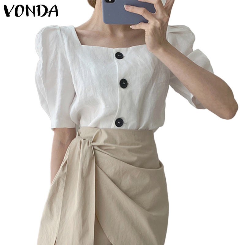 Áo Kiểu Tay Ngắn Phồng Cổ Vuông Cài Nút Phong Cách Hàn Quốc Thời Trang Cho Nữ