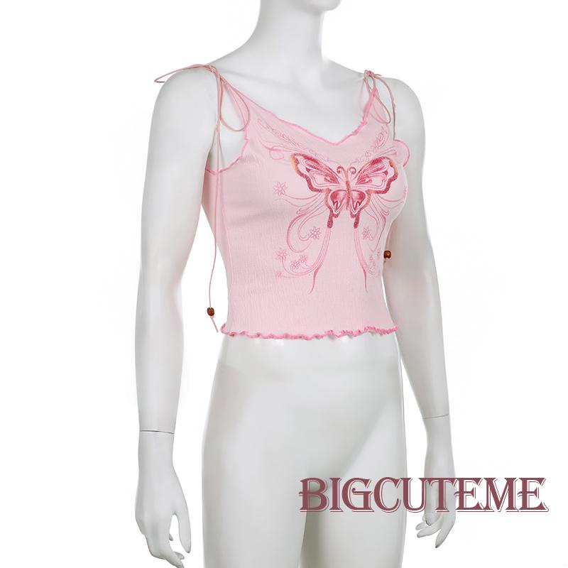 Áo Hai Dây Cổ Chữ V Buộc Dây Hở Lưng In Họa Tiết Bướm Màu Hồng Thời Trang Mùa Hè Cho Nữ