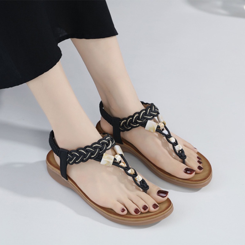 Giày Sandal Bệt Mũi Tròn Đính Đá Thủ Công Thoải Mái Phong Cách Bohemian Cổ Điển