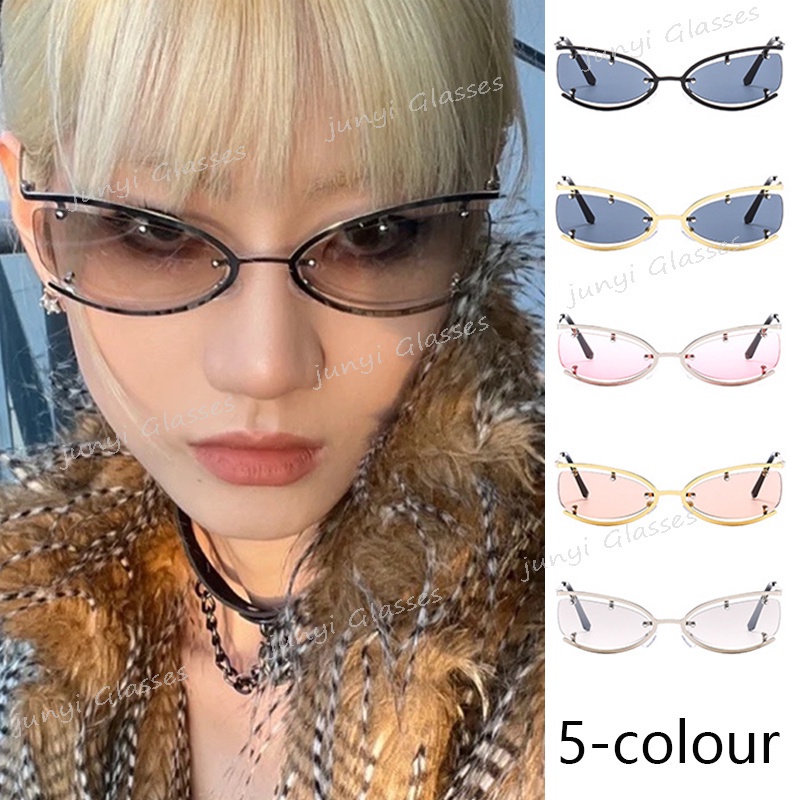 Kính Mát Mắt Mèo Nửa Gọng Kim Loại Trong Suốt Phong Cách Punk Hip Hop Thời Trang Cho Nam Và Nữ Y2K