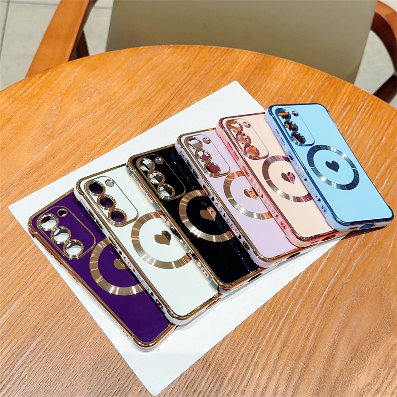 Ốp Điện Thoại Silicon Mềm Nam Châm Mạ Hình Trái Tim Cho Samsung Galaxy S23 S22 Ultra S23 Plus